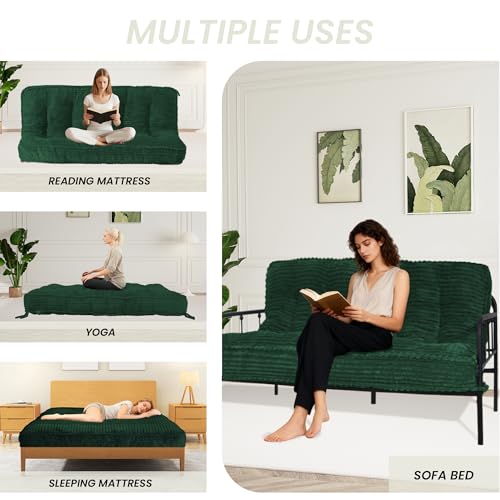 KOZIDO 8 Inches Futon Mattress Full Size, Extra Thick Futons Sofa Couch Bed with Strap Design, Japanese Floor Mattress for Adults, Folding Mattres Shredded Foam Filling (Frame Not Included), Green KOZIDO