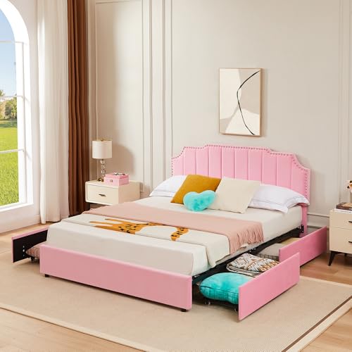 VECELO Full Size Upholstered Platform Bed Frame with 4 Drawers&Tufted Adjustable Headboard/Mattress Foundation/Wood Slat Support,Easy Assembly,Pink