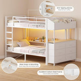 Twin Over Twin Bunk Bed with 6 Storage Drawers & 3 Boxes, Dual Side Shelves, Twin Bunk Beds for Kids with LED Lights and Charging Station, Heavy Duty Metal Bunk Bed with Safety Guardrail and Ladder mojiasion