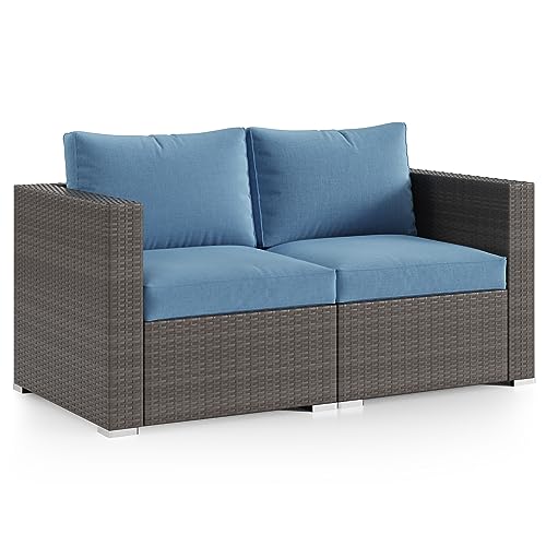 Wisteria Lane 2 Piece Patio Furniture Set of 2 Seats,Outdoor Wicker Patio Loveseat Sofa with Cushion, Outdoor Sectional Corner Sofa for Garden Backyard, Blue - WoodArtSupply