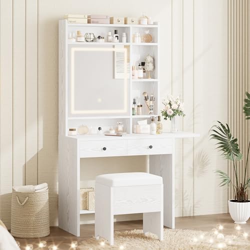 IRONCK Vanity Desk with Mirror and LED Lights, Jewelry Cabinet, Makeup Dressing Table Set with Drawers, Storage Shelves, for Bedroom, 65.3 H White IRONCK