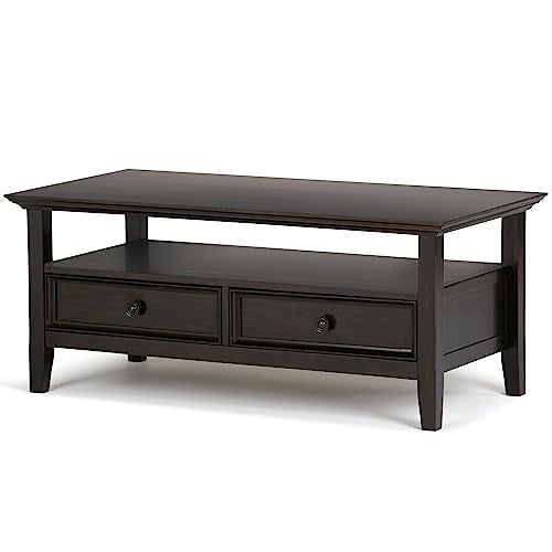 SIMPLIHOME Amherst SOLID WOOD 44 inch Wide Rectangle Coffee Table in Hickory Brown for the Living Room and Family Room SIMPLIHOME