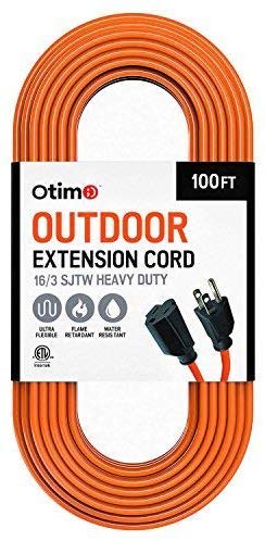 Otimo 100 Ft 16/3 SJTW Orange, Outdoor Extension Cord - 3 Prong Ground Plug, 10A 1250W, Water & Weather Resistant, Flame Retardant - WoodArtSupply