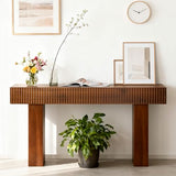 ZYBT 56" Fluted Console Table, Boho Vanity Desk Wooden Narrow Sofa Table Behind The Couch, Farmhouse Entryway Table for Entrance, Hallway,Living Room,Bedroom, Home Office,Brown ZYBT