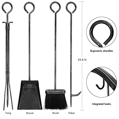 Amagabeli Firewood Rack Indoor 5 Pieces Fireplace Tools Set Fire Wood Holder with Tongs Poker Brush and Shovel Outdoor Log Rack Solid Wrought Iron Fireplace Set Kit Wood Stove Accessories Pewter AMAGABELI GARDEN & HOME