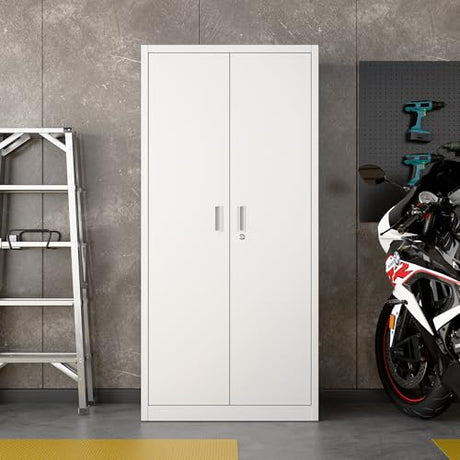 JAORD Metal Storage Cabinet with 5 Adjustable Shelves and Pegboard, 71" H White Garage Storage Cabinet with Doors, Metal File Cabinet for Garage,Home, Office, White, Assembly Required JAORD
