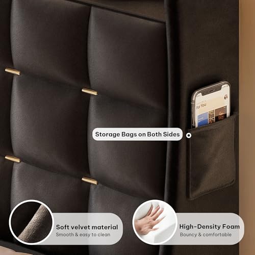 DWVO King Size Bed Frame with 4 Drawers and RGB LED Lights, Velvet Upholstered Platform Bed with Charging Station and Storage Headboard, No Box Spring Needed, Easy Assembly, Noise-Free, Grey DWVO