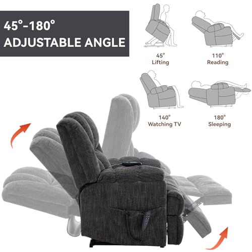 RHHVVR Power Lift Recliner Chair for Elderly, Oversized Chenille Electric Recliners Chairs for Living Room, Dual Motor 180° Lay Flat Recliner Big Sofa with Massage and Heating, Heavy-Duty, Grey RHHVVR