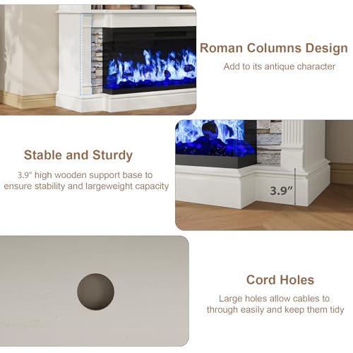 QUW Fireplace TV Stand for TVs up to 65", Farmhouse 52" Fireplace Entertainment Center with 36" 3-Side Glass Electric Fireplace, TV Console with Open Storage Shelves for Living Room, Antique White QUW