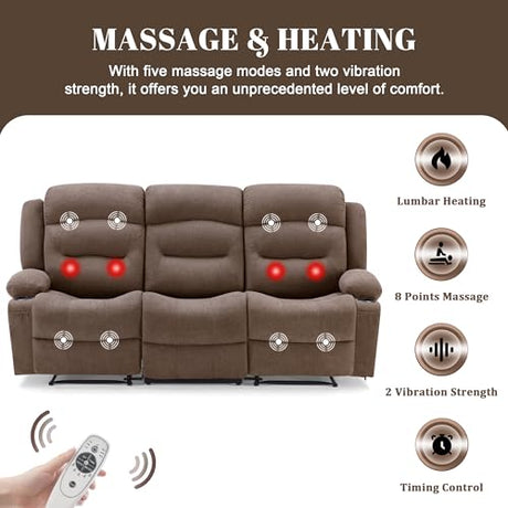 Reedvales Oversized Recliner Sofa with Heat and Massage, Big Large 3-Seater RV Recliner Couch Sofa for Living Room, Wall-Hugger Reclining Sofa with Cup Holders and USB Port (Fabric, Brown) Reedvales