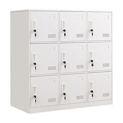 iCHENGGD Metal Locker 9 Door Storage Cabinet, Steel Storage Lockers for Employees, with Lock and Ventilation, Office School Gym Storage Organizer (White) - WoodArtSupply