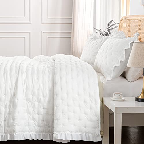 HIARUO 2-Piece Twin Quilt Set - Soft Warm Ultrasonic Reversible Pleated Ruffled Coverlet Bedspread Set (68 x 90 Inch) with 1 Pillow Sham (20 x 26 Inch), Lightweight White HIARUO