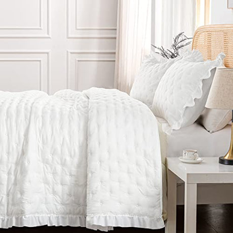 HIARUO 2-Piece Twin Quilt Set - Soft Warm Ultrasonic Reversible Pleated Ruffled Coverlet Bedspread Set (68 x 90 Inch) with 1 Pillow Sham (20 x 26 Inch), Lightweight White HIARUO