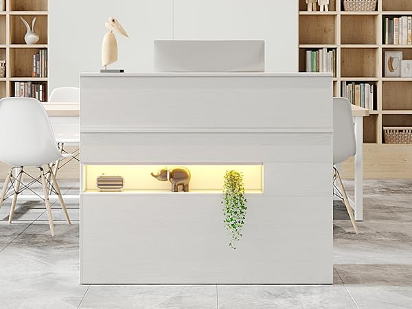 VOWNER Reception Desk with LED Lights and Power Outlets, Retail Counter Reception Counter Table with Drawers, for Salon Lobby Checkout Office, White (47.2" W x 18.7" D x 39.4" H) VOWNER