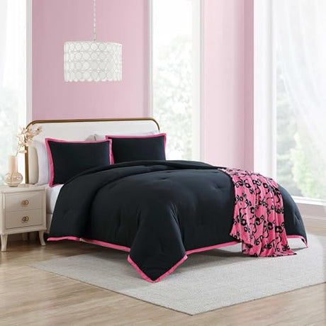 Betsey Johnson - King Comforter Set, Super Soft Bedding with Matching Shams, Bonus Throw Included, Chic Bedding Essentials (Signature Hotel Solid Black, King) Betsey Johnson