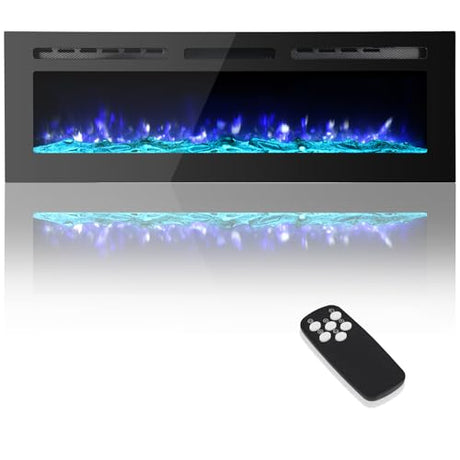 Takywep Electric Fireplace, 60 Inches, 5120 BTU Heat Output, 12 Flame Color, Black, Wall-Mounted or Recessed, Timer, Quiet Operation, Multicolor Flame, Faux Logs, Crystal Stones Takywep