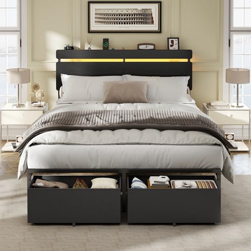 Forestell Full Size Bed Frame with Wood Headboard, Black Platform Bed with 2 Storage Drawers & Shelf, Built in Charging Station & LED Lights, Metal Support, No Box Spring Needed, Camas Full Forestell