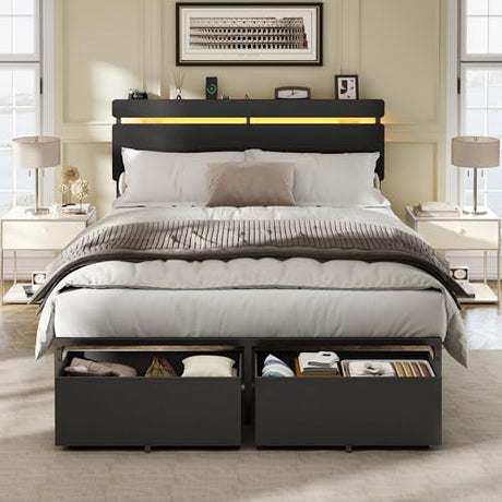 Forestell Full Size Bed Frame with Wood Headboard, Black Platform Bed with 2 Storage Drawers & Shelf, Built in Charging Station & LED Lights, Metal Support, No Box Spring Needed, Camas Full Forestell