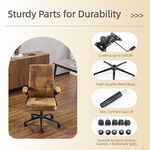 VINGLI Comfy Brown Leather Office Desk Chair,Ergonomic High-Back Computer Gaming Chair with Replaceable Wheels,Dual-Base,Adjustable Height&Armrests,360 Swivel Task Chair for Home Office,Vintage,Rustic VINGLI