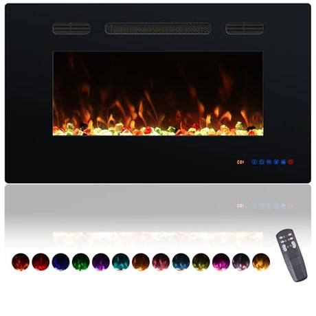 Valuxhome 30 Inches Recessed and Wall Mounted Electric Fireplaces Insert for Living Room with Remote,1500W/750W,13 Fuel Bed Colors, Overheating Protection, Crystal, Touch Screen, Timer, Black Valuxhome