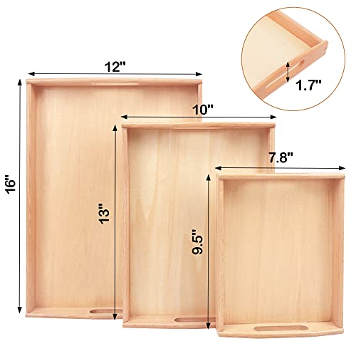 Montessori Wooden Trays with Handles, 3 Pack Small Medium Big Quality Wood Tray for Toddlers and Kids Montessori Activities, Trays to Store Toys and Educational Aids at Home Kindergarten (Beech) BBtinker