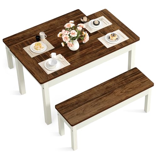 LITTLE TREE Dining Table Set for 4, Small Space Saving Farmhouse Kitchen Chairs, Compact 3-Piece Kitchen and Dining Room Furniture with 2 Wood Benches LITTLE TREE