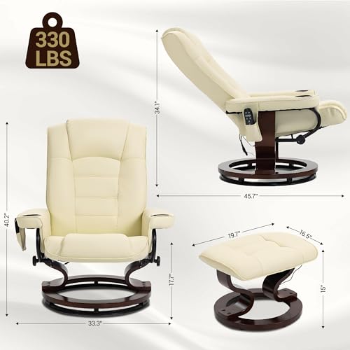 WENTUM 8-Point Massage Recliner with Ottoman, Heated PU Leather Reclining Chair w/Solid Wood Base, Indoor Lounge TV Chair with Footrest for Living Room and Bedroom, Beige WENTUM