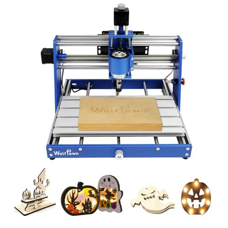 WolfPawn CNC Router Machine 3018 Blue All-Metal for Beginner with Emergency-Stop 3 Axis GRBL Control Engraving Machine Milling Carving for Wood Acrylic MDF PVC Plastic, 300X180X60mm (775Motor) WolfPawn
