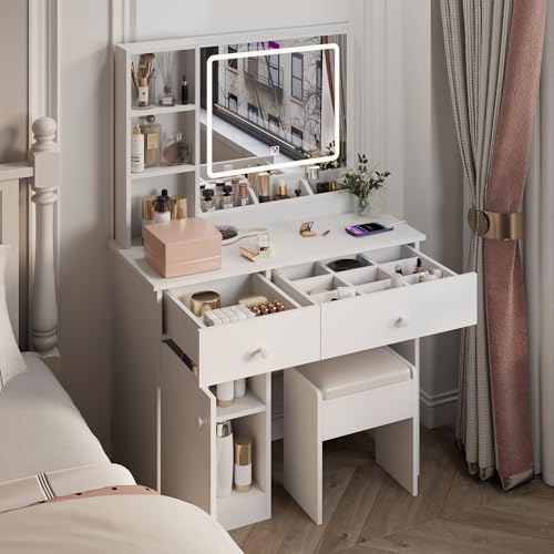 Vanity Set with Mirror and Stool and Lights, with Power Outlet,Dressing Table with Vanity Benches,for Girls Women with Storage Stool,for Bedroom with Chair (White) Wohh