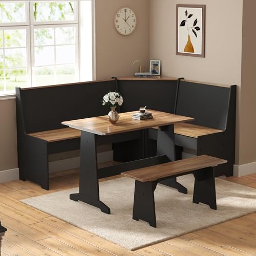 AMERLIFE 3-Piece Breakfast Nook Dining Set, L-Shaped Corner Bench with Hidden Storage, Space-Saving Kitchen Table Set for Small Spaces, Black & Oak AMERLIFE