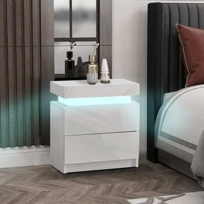 CLIPOP Modern Nightstand, LED Night Stand with 2 High Gloss Chest of Drawers, Bedside Table Cabinet with Remote Control Light, Wood Matte Nightstand 20.6" Tall Bedroom Furniture, White - WoodArtSupply