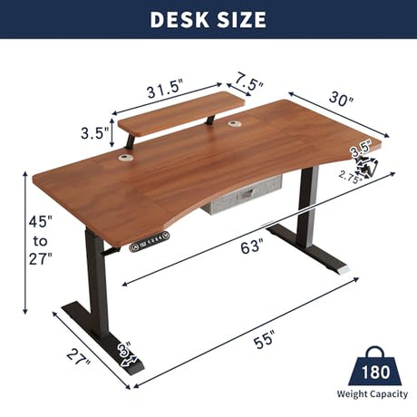 HEONAM Dual Motor Standing Desk with Drawer, 63x30 Inches Electric Height Adjustable Sit Stand Up Desk with Storage Shelf, Home Office Desk Computer Workstation with Walnut Top/Black Frame HEONAM