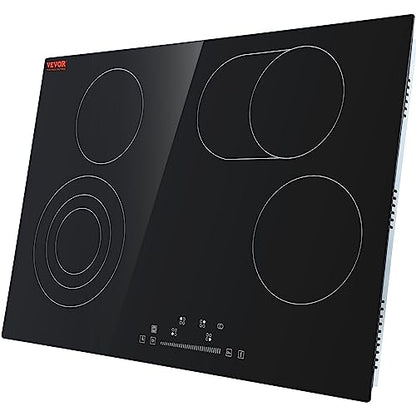 VEVOR Built in Electric Stove Top, 30 inch 4 Burners, 240V Glass Radiant Cooktop with Sensor Touch Control, Timer & Child Lock Included, 9 Power Levels for Simmer Steam Slow Cook Fry