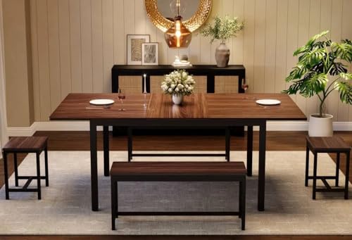 IDEALHOUSE 5-Piece Extendable Dining Table Set for 4-8 People, 63 Inch Kitchen Table with 2 Benches & 2 Stools, Space Saving Modern Dining Room Furniture, Easy Assembly, Brown IDEALHOUSE