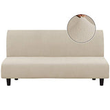 Turquoize Stretch Futon Cover Full Size Armless Sofa Bed Cover Futon Couch Cover Furniture Protector with Elastic Bottom Feature Thick Soft Checked Jacquard Fabric, Machine Washable, Biscotti Beige Turquoize