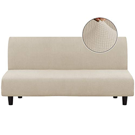 Turquoize Stretch Futon Cover Full Size Armless Sofa Bed Cover Futon Couch Cover Furniture Protector with Elastic Bottom Feature Thick Soft Checked Jacquard Fabric, Machine Washable, Biscotti Beige Turquoize