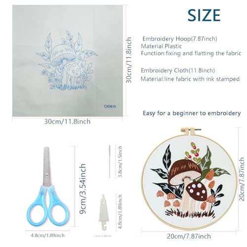Zhenqing Woodland Mushroom Embroidery Kit for Beginners - 29x29cm Printed Fabric with Hoop & Full Tools(S-CX0910)