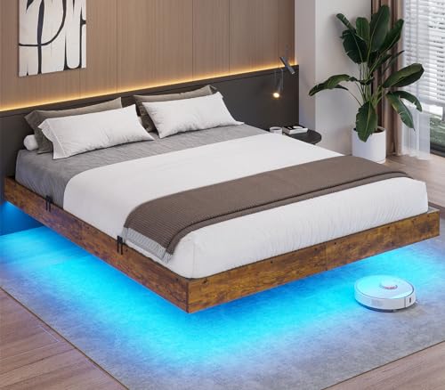 ADORNEVE Floating Queen Bed Frame with RGB LED Lights, Metal Floating Platform Queen Bed, Under Bed Storage, Stable Structure,No Box Spring Needed, Easy Assembly,Vintage Brown & Black