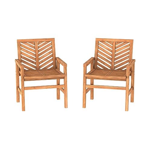 Walker Edison 2 Piece Outdoor Patio Chevron Wood Chair Set All Weather Backyard Conversation Garden Poolside Balcony, Set of 2, Brown - WoodArtSupply