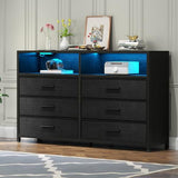 Loomie 6 Drawers Dresser with Power Outlets and LED Lights, Black Dresser with 2 Top Cubby, Tall Wide Fabric Double Chest of Drawers,Modern Dresser Tv Stand for up to 60" TV for Bedroom, Living Room Loomie