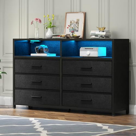 Loomie 6 Drawers Dresser with Power Outlets and LED Lights, Black Dresser with 2 Top Cubby, Tall Wide Fabric Double Chest of Drawers,Modern Dresser Tv Stand for up to 60" TV for Bedroom, Living Room Loomie