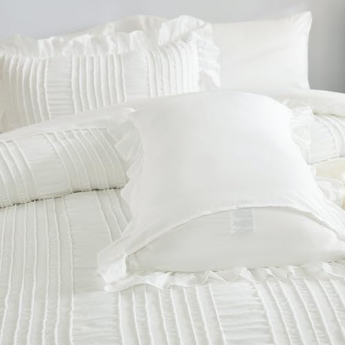 WONGS BEDDING White Comforter Set King,7 Pieces Ruffle Comforter Set with Sheets,Textured Bed in a Bag for King Bed 104"×90" WONGS BEDDING