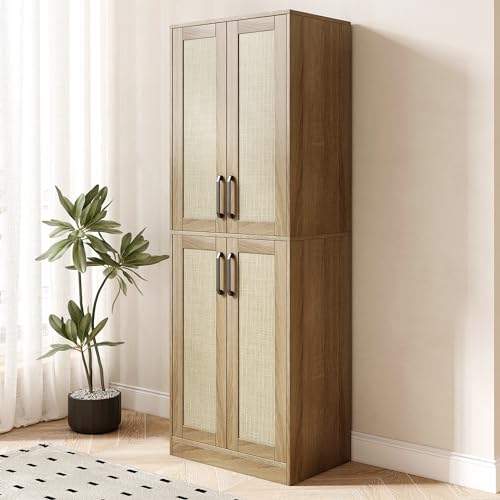 Jheumaj Storage Cabinet - Kitchen Pantry Cabinet, Tall Bathroom Storage Cabinet Freestanding with 4 Rattan Doors and Adjustable Shelves, Cupboard Cabinet for Dining Living Room Laundry Room, Wood