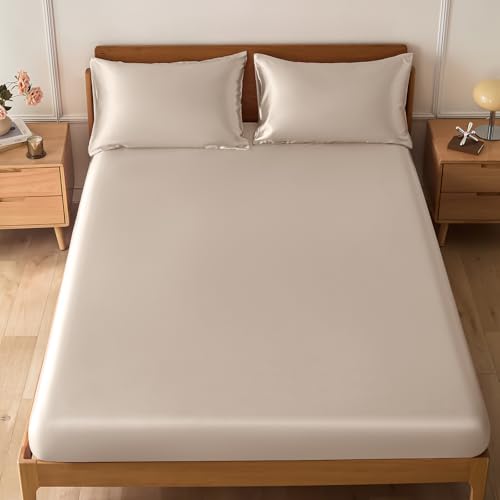 VACVELT 3-Piece Satin Fitted Sheet Set Queen Size, Beige Bottom Bed Sheet with 2 Pillowcases, Similar to Silk Sheets, Luxury & Silky Bedding Set, 15 Inch Deep Pocket VACVELT