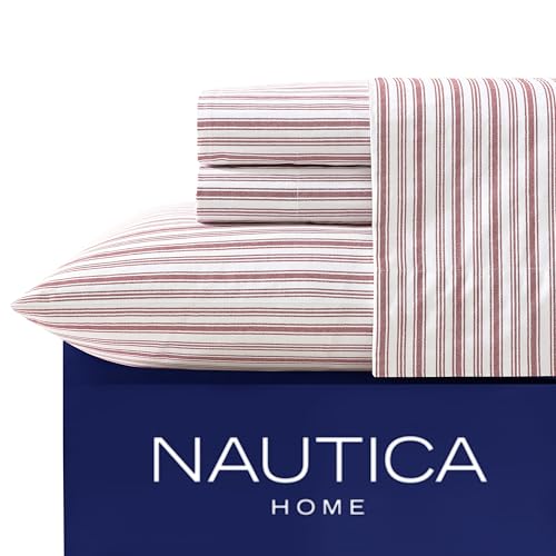 Nautica - Queen Sheets, Cotton Percale Bedding Set, Casual Home Decor (Coleridge Stripe Red, Queen) Nautica