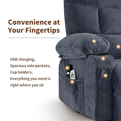PoteSoar Power Lift Recliner Chair for Elderly with Massage and Heat, Comfortable Electric Power Reclining Chair with Side Pockets,2 Cup Holders and USB Charging Port for Living Room (Blue) PoteSoar