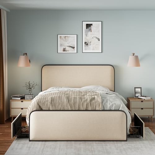 Merax Metal Platform Bed King Size with Curved Upholstered Headboard and Footboard, King Bed Frame with 4 Storage Drawers Under Bed, Heavy Duty Metal Slats, No Box Spring Needed, Easy Assembly, Beige Merax