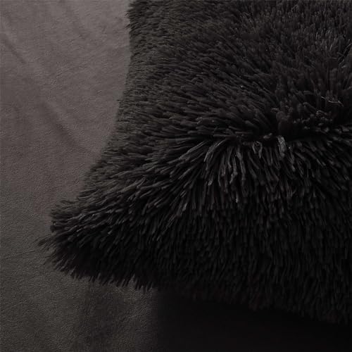 FOPPA Fluffy Black comforters Cover Twin Size - Ultra Soft Plush Bedding Sets 2 Pieces (1 Faux Fur Comforter Cover + 1 Fuzzy Pillow case) Girls Shaggy Bed Set (Black, Twin) FOPPA
