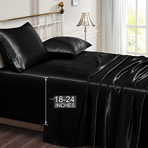 Vonty Satin Sheets Extra Deep Pocket King Size Sheets - Cooling & Silky Satin King Sheets Set with 18-24 Inch Deep Pocket, Black Satin Bed Sheets Fit Up to 24" Deep Matress - 4 Piece Vonty
