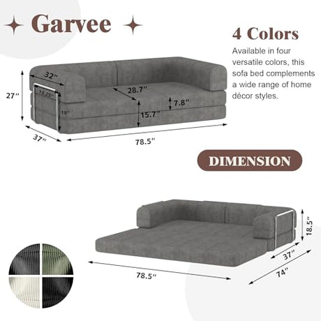 Doppeltcharms 79" 5-in-1 Convertible Sleeper Sofa Bed, No Assembly Corduroy Modular Futon Couch with Fixed Metal Armrests, Compressed in a Box, Pet-Friendly Sofa for Living Room Apartment, Dark Grey Doppeltcharms